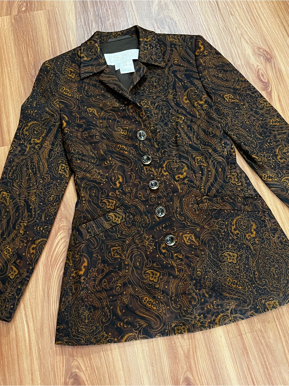 Vintage Escada Black and Brown Paisley Button-Front Blazer Size 34